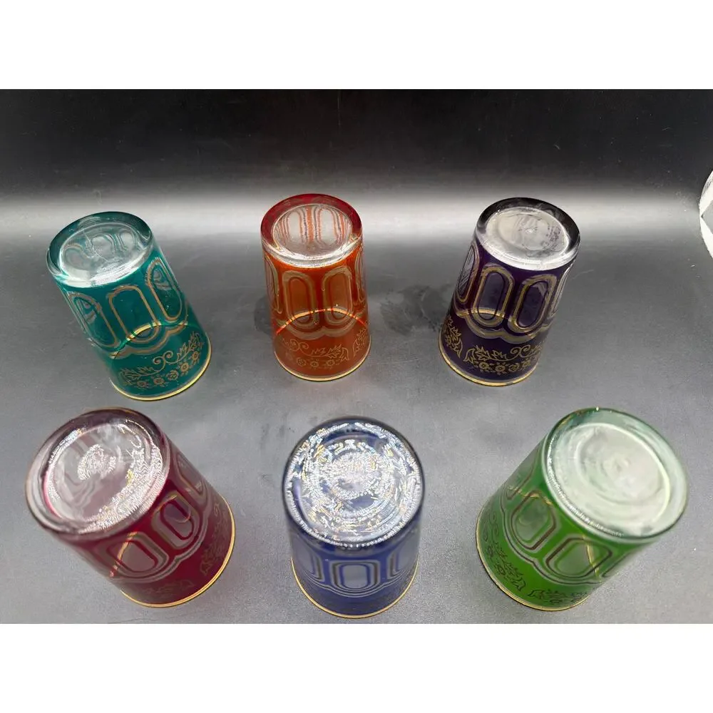 Vintage Moroccan Tea Glasses Set of 6 Jewel Tone Gold Filigree